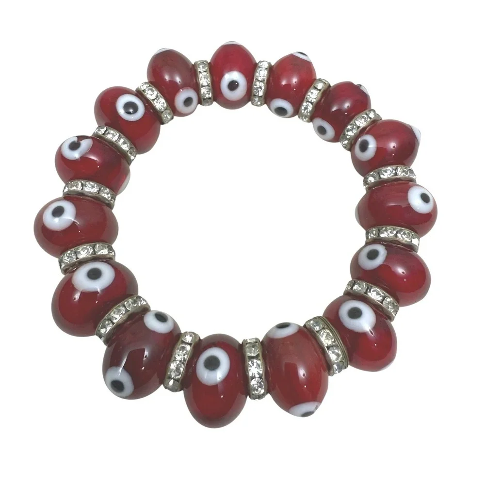 Evil Eye Bracelet Glass Lampwork Bead 10mm Stretch Good Luck Kabbalah Protection